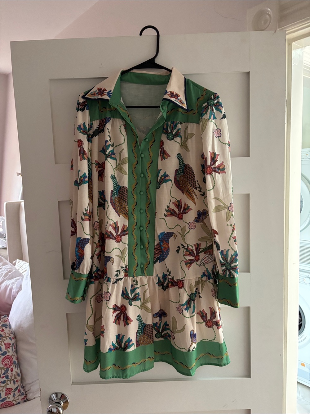 Long Sleeve Floral Bird Print Dress with Green Trim
